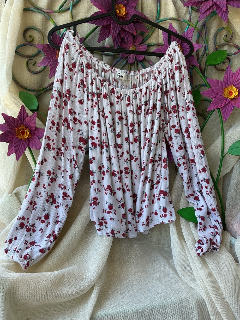 Hollister White Off-Shoulder Blouse with Red Floral Print